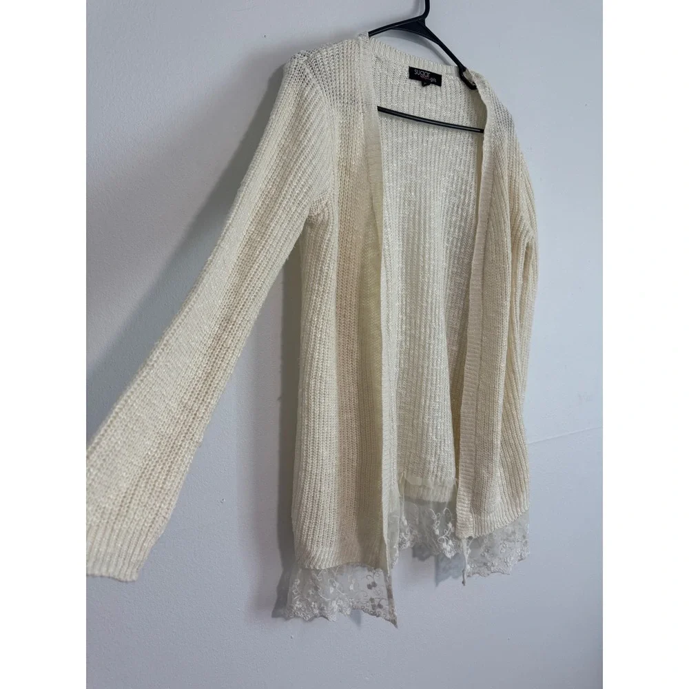 Sugar Rush Girls Ivory Open Front Cardigan Lace Trim Knit Sweater XL RN 69377